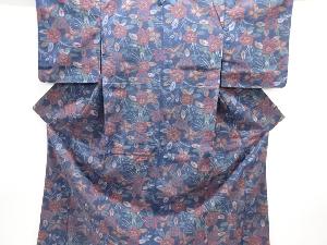 蝶に草花模様織り出し手織り紬着物